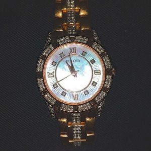 Ladies’ Bulova Rose-Tone Crystal Accent Watch with Mother-of-Pearl Dial